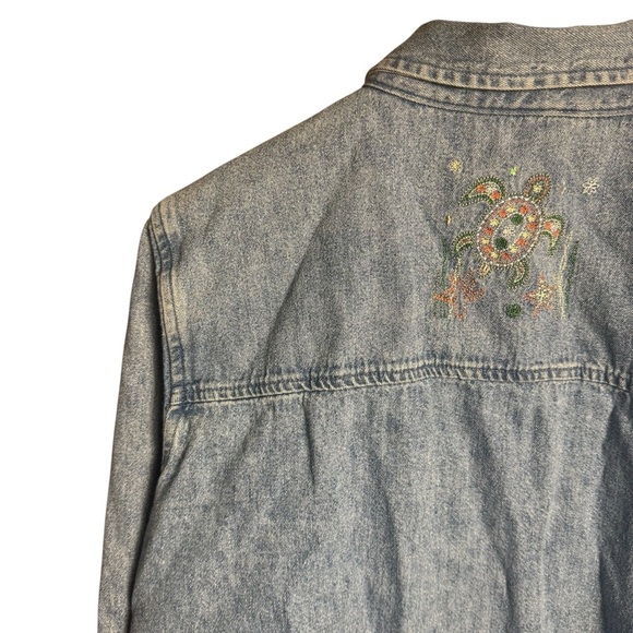 Vtg Christopher & Banks Womens Denim Shirt Turtle Embroidered Nautical Nature L - Picture 8 of 13